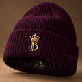 Jus Bluit premium plum knit beanie with gold crowned JB monogram
